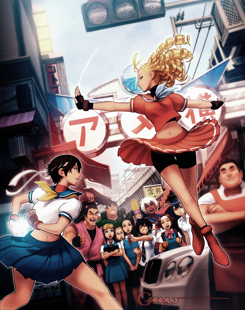 6+girls antenna_hair apron ayuhara_natsu battle bentley big_hair bike_shorts black_hair blonde_hair car dark_skin elena_(street_fighter) goggles goggles_on_head grin hadouken headband hibiki_dan ibuki_(street_fighter) kanzuki_karin kasugano_sakura kazama_akira long_hair makoto_(street_fighter) midriff motor_vehicle multiple_girls navel necktie omar_dogan pleated_skirt ringlets rival_schools rival_schools:_united_by_fate school_uniform serafuku short_hair short_sleeves skirt smile spiky_hair street_fighter vehicle very_dark_skin wakaba_hinata white_hair yamada_eiji