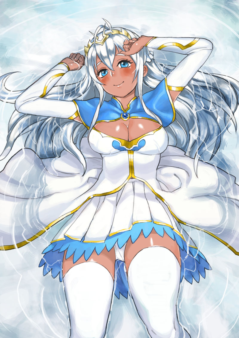 1girl andromeda_(p&amp;d) blue_eyes blush breasts cleavage cleavage_cutout dark_skin henry_bird_9 lying puzzle_&amp;_dragons silver_hair smile solo thigh-highs water zettai_ryouiki