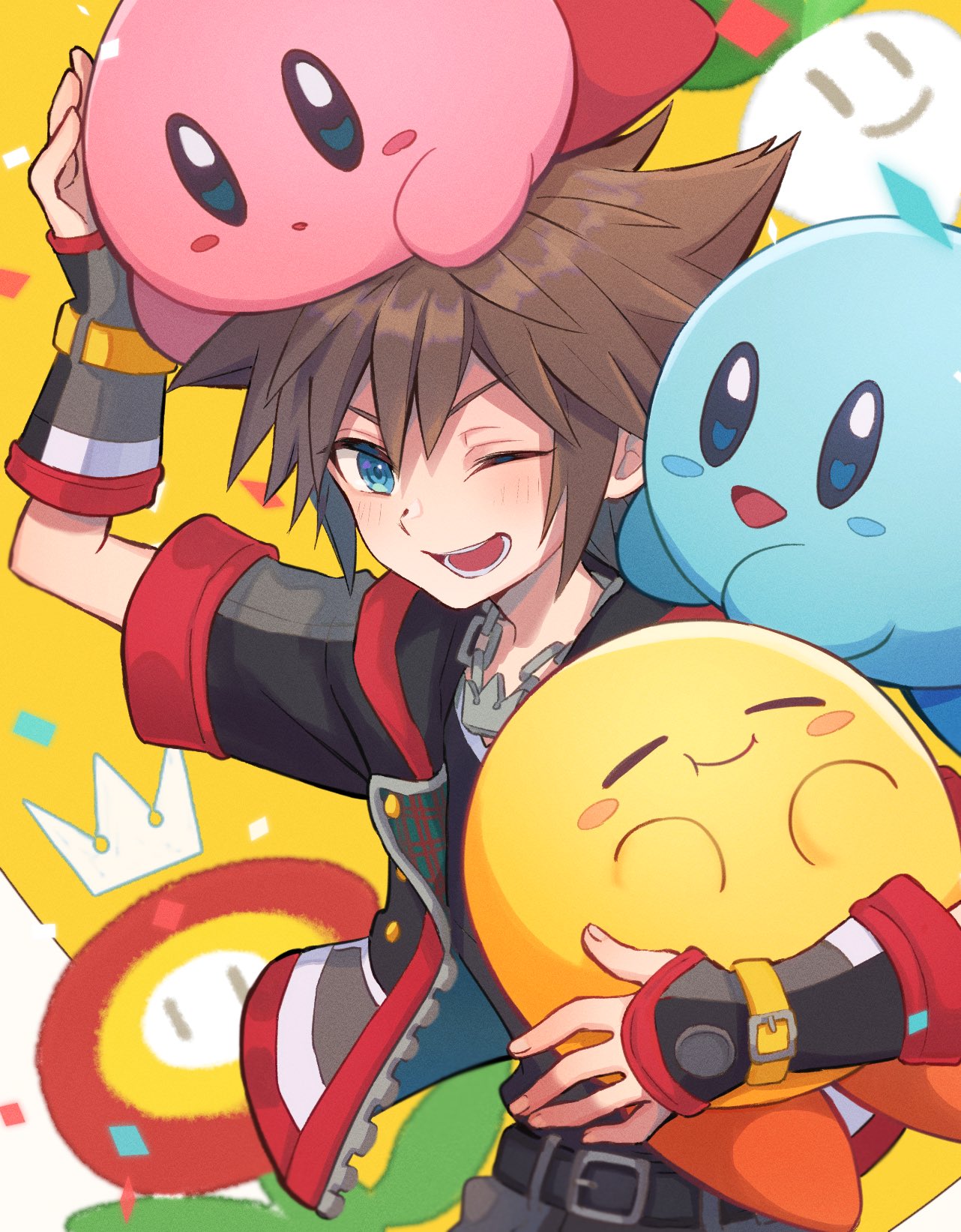 1boy blue_eyes blush brown_hair closed_eyes fingerless_gloves flower gloves highres hug jewelry kingdom_hearts kingdom_hearts_iii kirby kirby_(series) looking_at_viewer m1stm1 male_focus necklace one_eye_closed open_mouth short_hair simple_background smile sora_(kingdom_hearts) spiky_hair super_mario_bros. super_smash_bros.