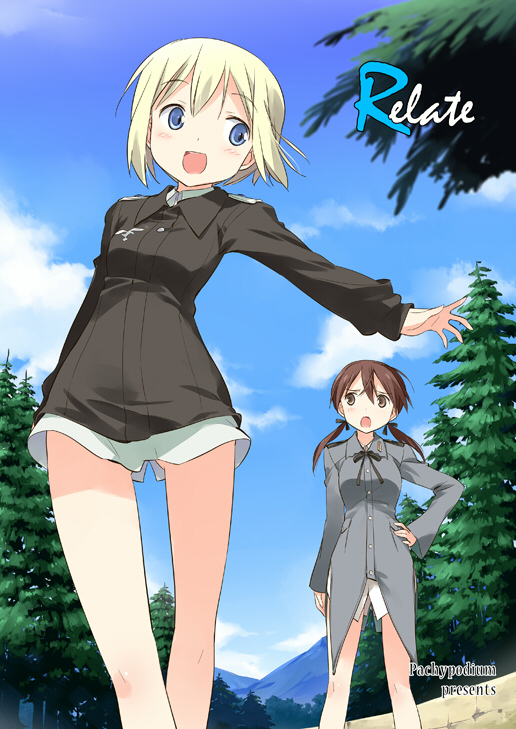 2girls :d asoka blonde_hair blue_eyes blue_sky blush bob_cut brown_eyes brown_hair clouds cover cover_page doujin_cover erica_hartmann gertrud_barkhorn hair_ribbon long_hair long_sleeves military military_uniform mountain multiple_girls open_mouth pine_tree ribbon short_hair sky smile strike_witches tree twintails uniform