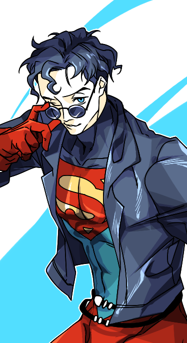1boy black_hair blue_eyes bodysuit dc_comics jacket nimby solo spandex sunglasses superboy young_justice