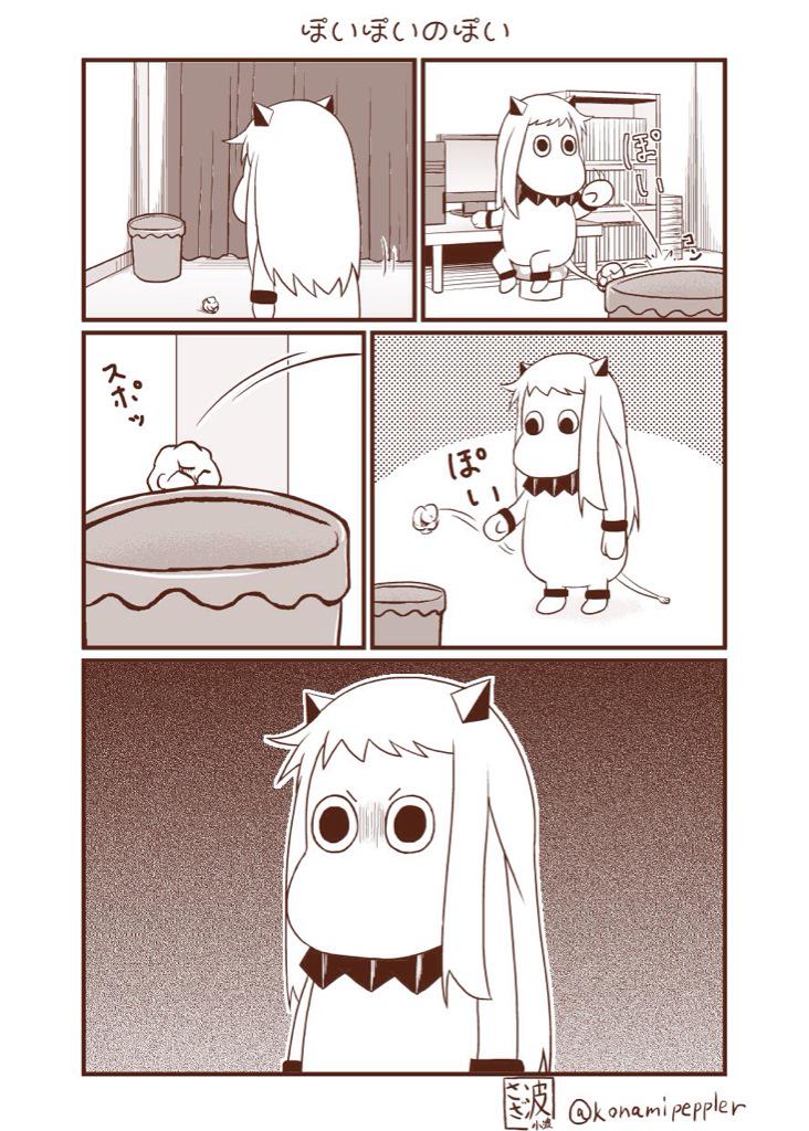(o)_(o) comic horns kantai_collection mittens monochrome moomin moomintroll northern_ocean_hime northern_ocean_hime_(cosplay) sazanami_konami shinkaisei-kan silent_comic simple_background translation_request trash_can