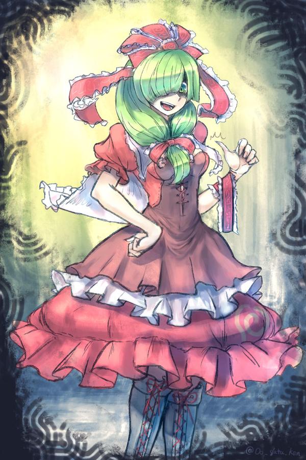 1girl adapted_costume arm_ribbon boots bow covering_one_eye dress frills front_ponytail green_eyes green_hair hair_bow hair_ornament hair_ribbon kagiyama_hina long_hair looking_at_viewer oo_gata_ken open_mouth puffy_sleeves ribbon short_sleeves smile smirk solo touhou twitter_username