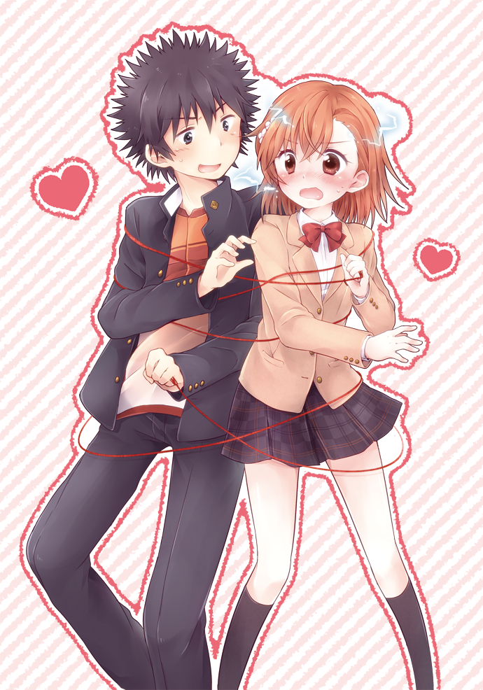 1boy 1girl black_hair blush brown_eyes brown_hair electricity gekota kamijou_touma misaka_mikoto nae_(rno) red_string school_uniform short_hair spiky_hair string tangled to_aru_kagaku_no_railgun to_aru_majutsu_no_index