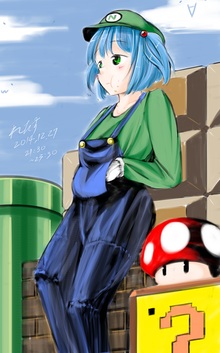 1girl :t ?_block blue_eyes blush clouds cosplay crossover dated eating gloves green_eyes hair_bobbles hair_ornament hands_in_pockets hat highres kawashiro_nitori leaning_back luigi luigi_(cosplay) mushroom overalls pipe signature solo super_mario_bros. super_mushroom touhou twintails warp_pipe white_gloves