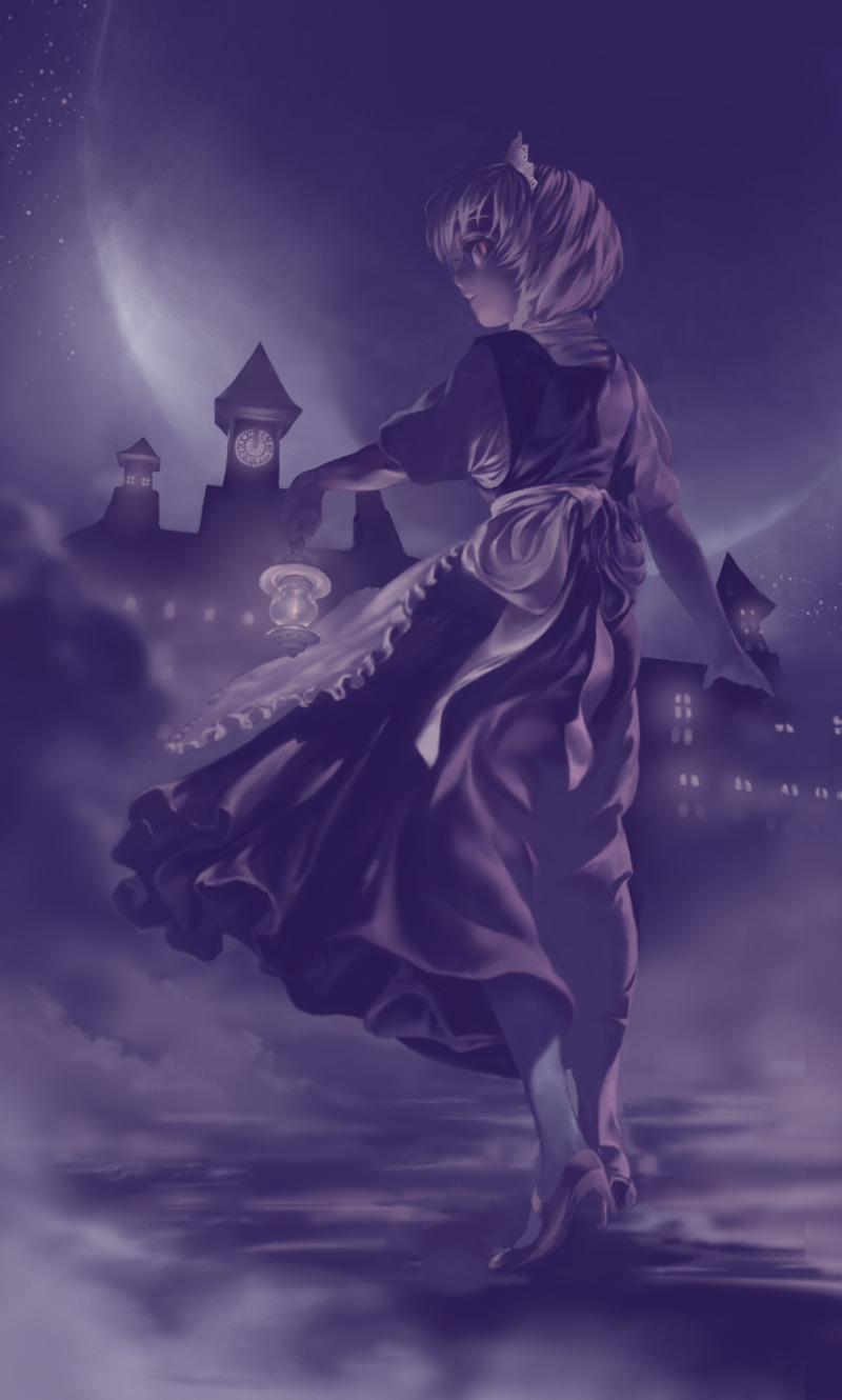 1girl adapted_costume apron building buntooi dark dress fog from_behind full_moon highres holding izayoi_sakuya lamp looking_at_viewer looking_back maid maid_headdress moon muted_color night outdoors red_eyes ribbon scarlet_devil_mansion shirt shoes short_hair solo touhou