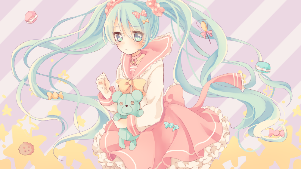 1girl aqua_eyes aqua_hair blush bow candy choker cookie food hair_bow hatsune_miku karunabaru long_hair long_sleeves looking_at_viewer pout school_uniform scrunchie serafuku solo stuffed_animal stuffed_toy tears teddy_bear twintails very_long_hair vocaloid