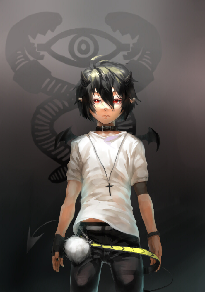 1boy bat_wings black_hair carrot_(carrotsgame) collar demon_boy fingerless_gloves gloves horn original red_eyes short_hair shota solo wings