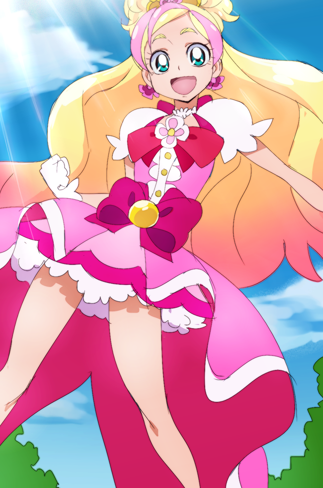 1girl :d blonde_hair blue_eyes clenched_hand cure_flora gloves go!_princess_precure gradient_hair haruno_haruka long_hair looking_at_viewer magical_girl manji_(tenketsu) multicolored_hair open_mouth pink_hair precure smile solo two-tone_hair white_gloves