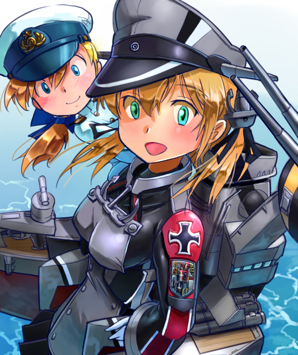 2girls anchor_hair_ornament blonde_hair female_admiral_(kantai_collection) hair_ornament hat inui_(jt1116) kantai_collection long_hair military military_uniform multiple_girls naval_uniform peaked_cap prinz_eugen_(kantai_collection) twintails uniform