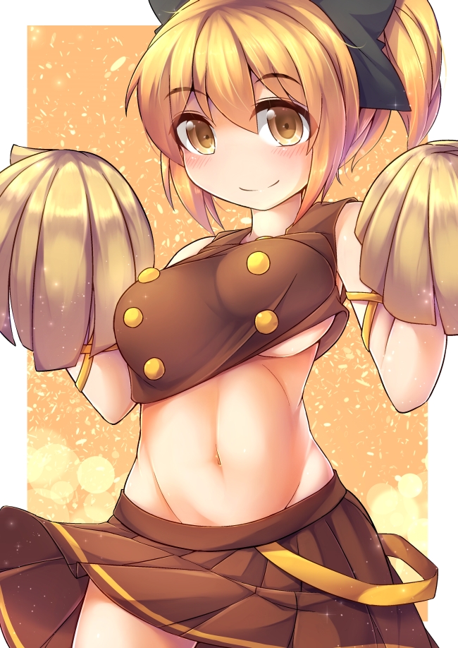 1girl adapted_costume blonde_hair blush bouncing_breasts bow breasts cheerleader fun_bo hair_bow kurodani_yamame large_breasts looking_at_viewer midriff navel pom_poms skirt sleeveless smile solo touhou yellow_eyes