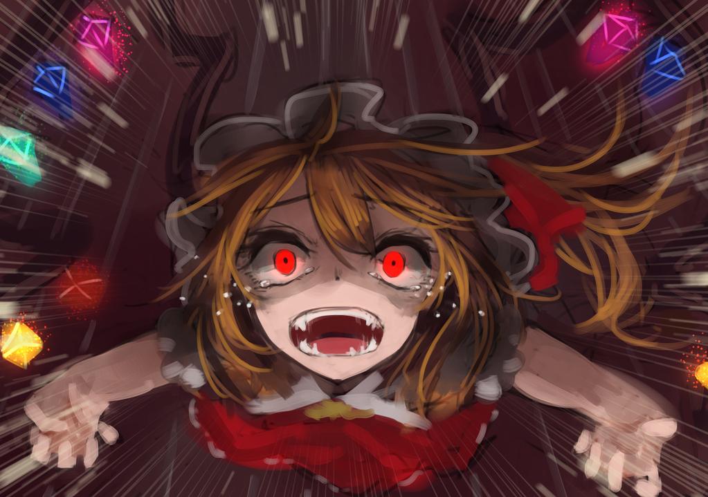 1girl berabou blonde_hair bow crystal fangs flandre_scarlet from_above glowing glowing_eyes hat hat_bow looking_up mob_cap open_mouth outstretched_arms ponytail puffy_sleeves red_eyes shirt short_sleeves shouting side_ponytail skirt skirt_set solo tears touhou vest wings