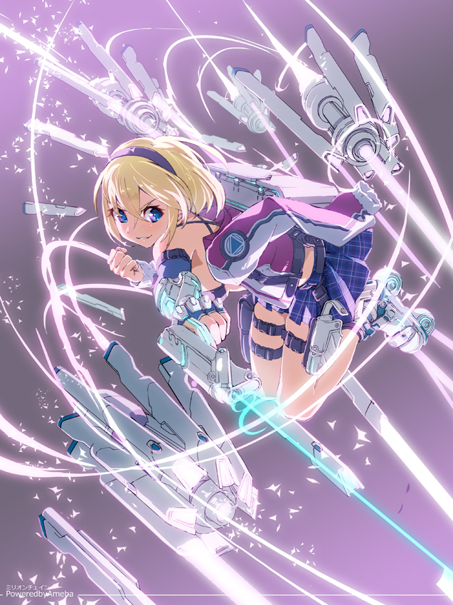 1girl bent_knees blonde_hair blue_eyes clenched_hand hairband looking_at_viewer mecha_musume midriff million_chain roller_shoes short_hair skirt smile solo thigh_strap weapon yahako