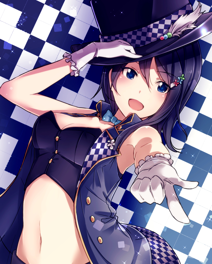 1girl bare_arms blue_eyes blue_hair breasts cleavage gloves hair_ornament hand_on_headwear hat idolmaster idolmaster_dearly_stars ima_(lm_ew) midriff mizutani_eri navel open_mouth outstretched_hand pointing short_hair smile solo