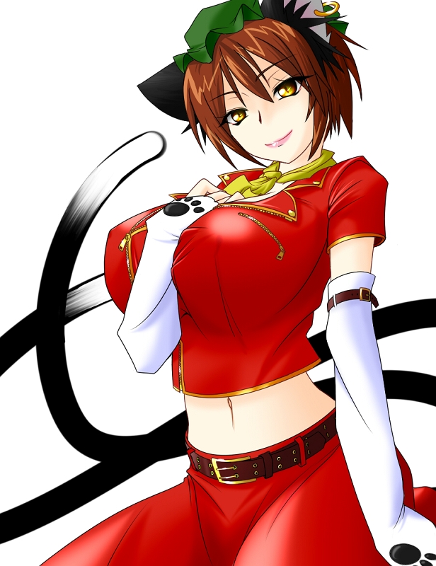 animal_ears breasts brown_hair cat_ears cat_tail chen huge_breasts impossible_clothes looking_at_viewer midriff older slit_pupils taiga_isaka tail touhou yellow_eyes zun_hat