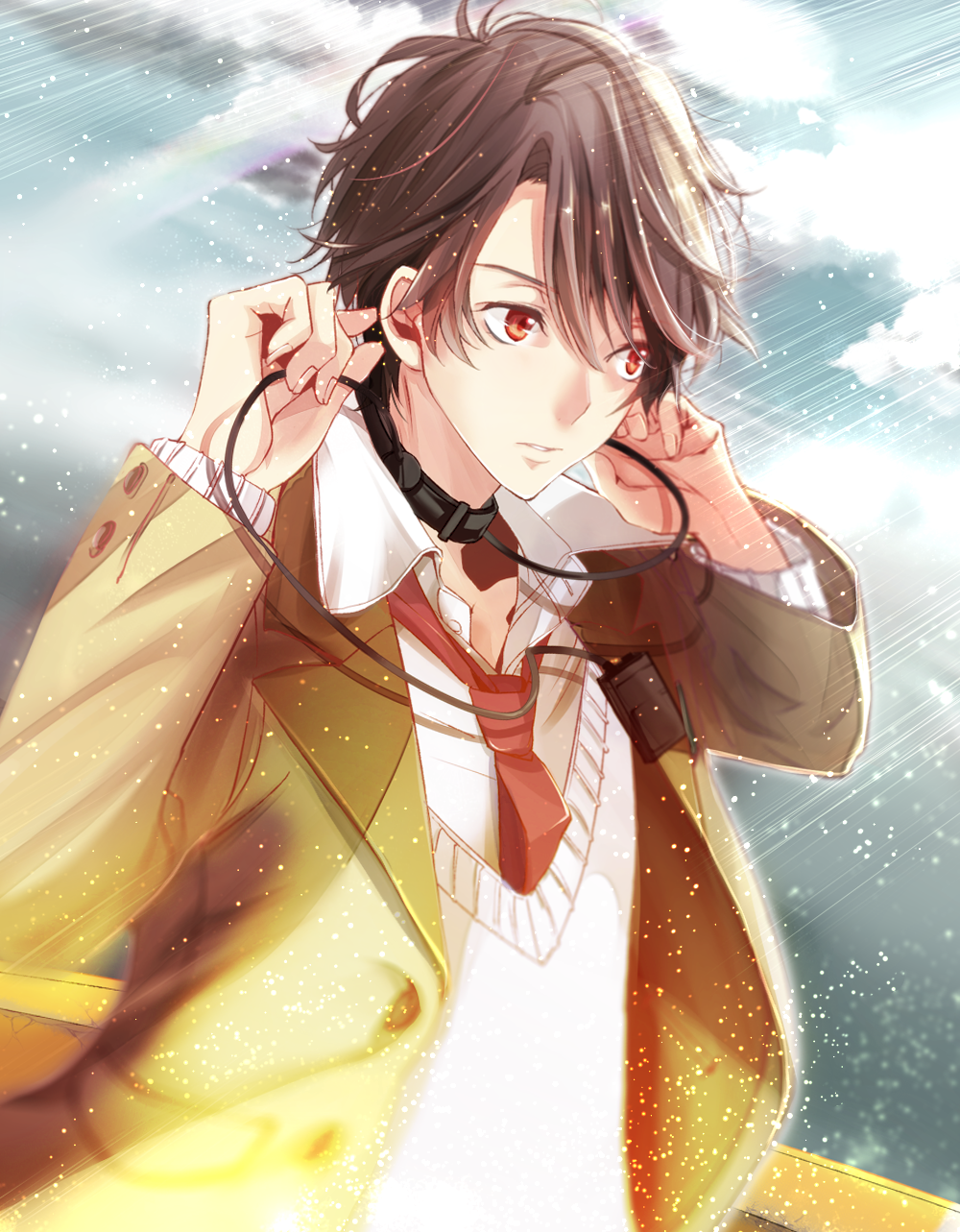 1boy aldnoah.zero brown_eyes brown_hair earphones earphones highres kaizuka_inaho necktie r_u_n_a school_uniform solo