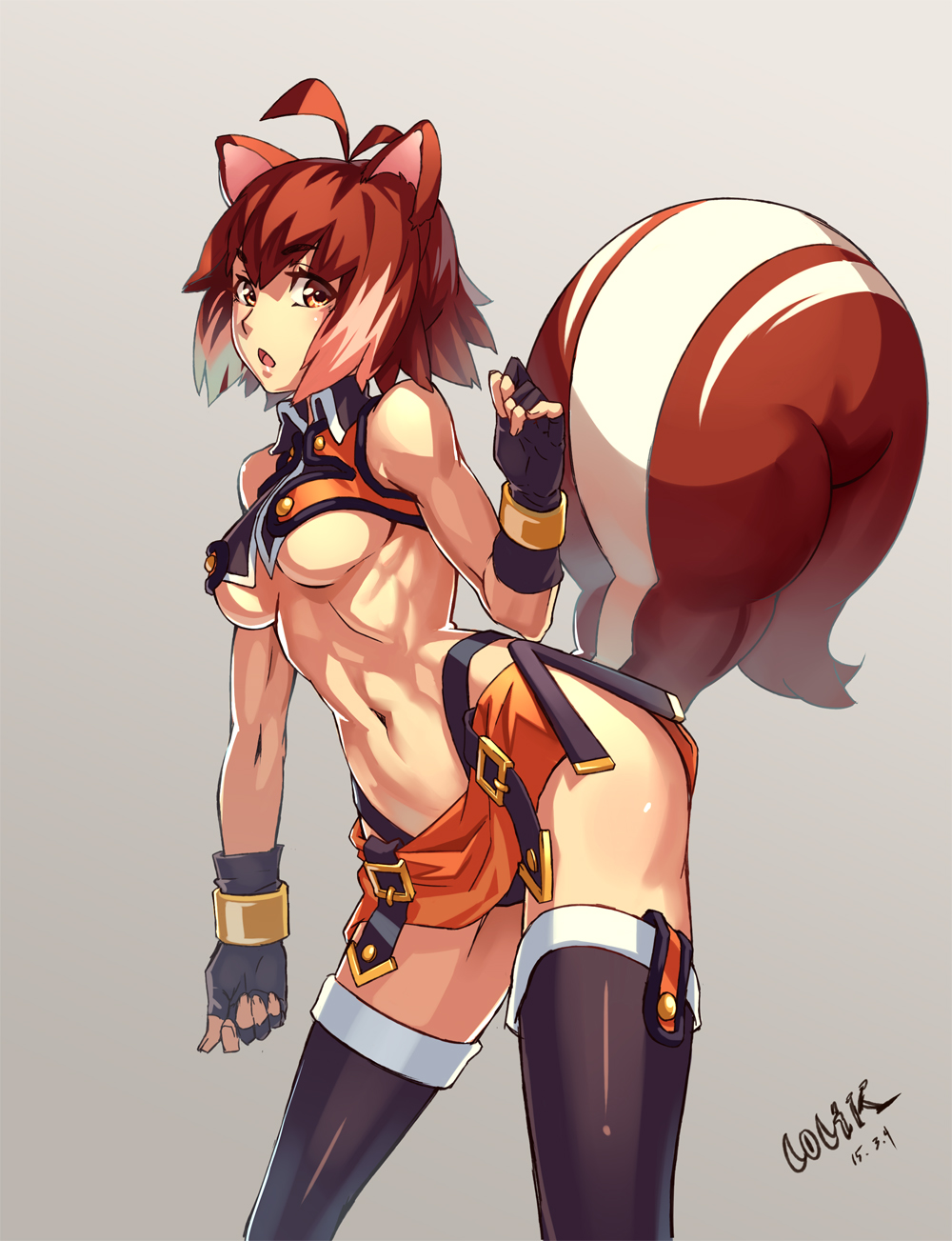 1girl animal_ears antenna_hair artist_name black_gloves black_legwear blazblue breasts brown_eyes brown_hair dated fingerless_gloves gloves grey_background highres lolik looking_at_viewer makoto_nanaya miniskirt navel short_hair simple_background skirt solo squirrel_ears squirrel_tail tail thigh-highs under_boob