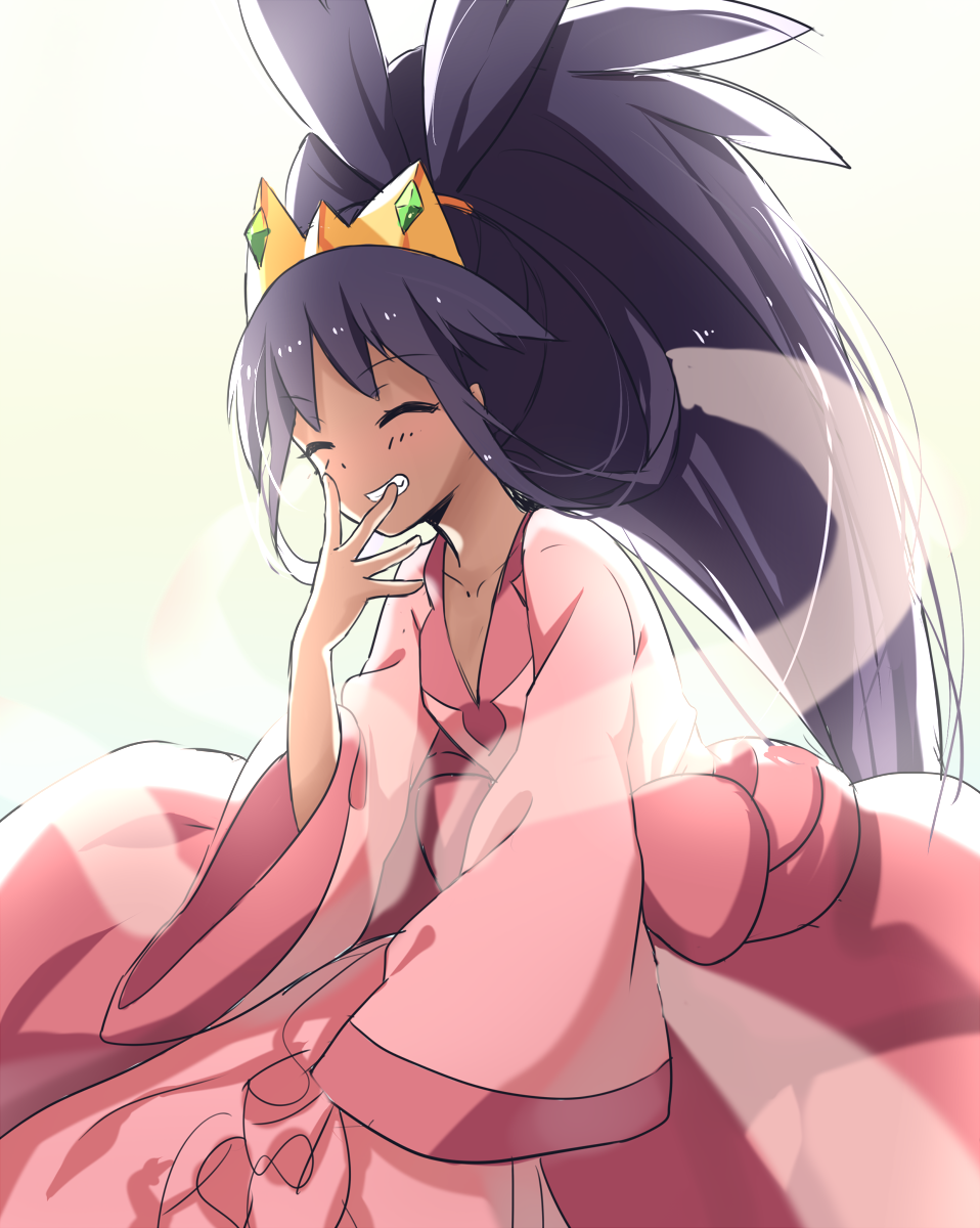 1girl closed_eyes crown dark_skin dress grin hand_to_own_mouth highres iris_(pokemon) laughing long_hair pink_dress pokemon pokemon_(game) pokemon_bw2 purple_hair smile solo spoilers transistor very_long_hair