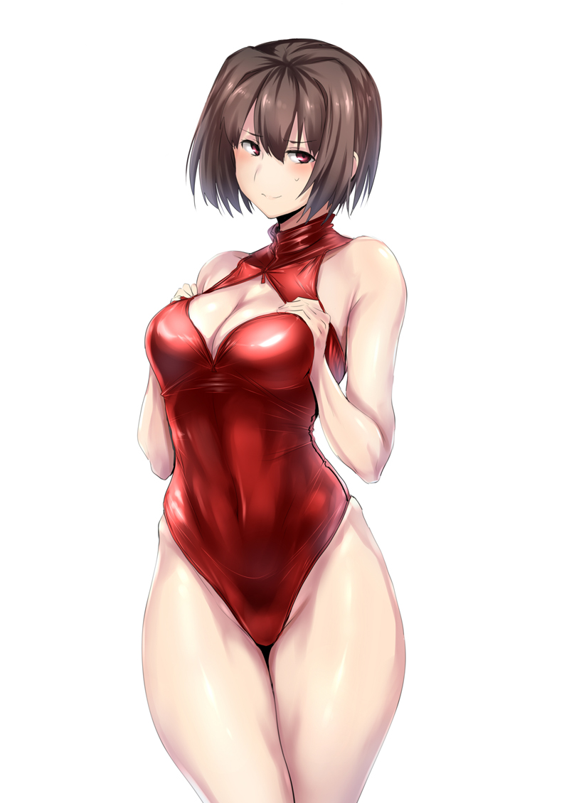 1girl blush breasts brown_eyes brown_hair cleavage cleavage_cutout competition_swimsuit hyuuga_(kantai_collection) kantai_collection large_breasts one-piece_swimsuit short_hair smile solo sweatdrop swimsuit ulrich_(tagaragakuin)