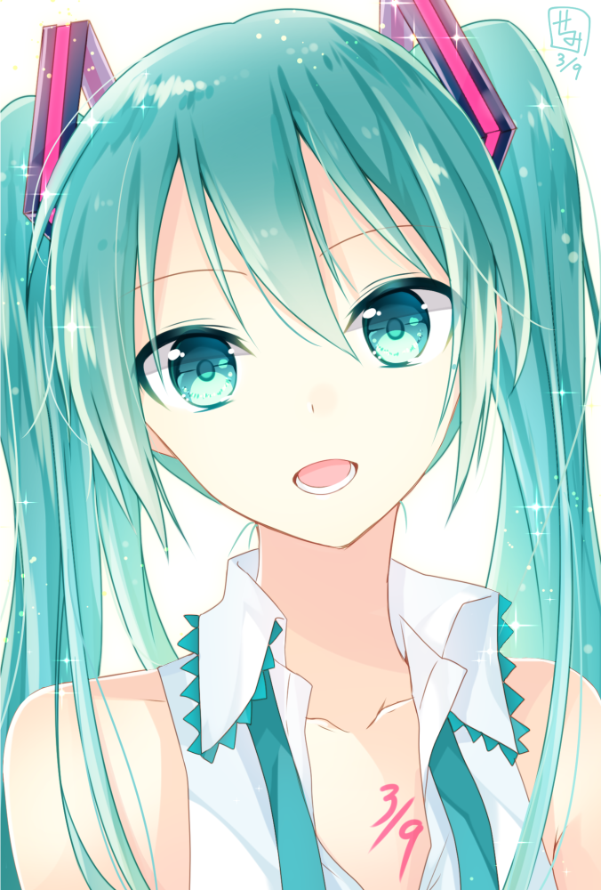1girl 39 aqua_eyes aqua_hair bangs collared_shirt dated goma_(11zihisin) hatsune_miku looking_at_viewer open_mouth portrait signature sleeveless solo sparkle twintails undone_necktie vocaloid