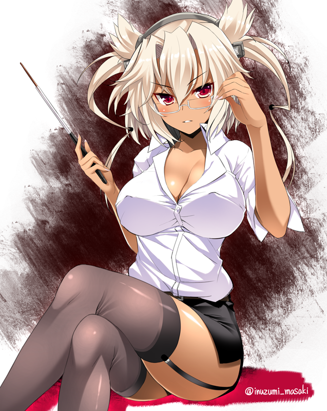 1girl blonde_hair breasts cleavage crossed_legs garter_straps glasses grin headgear inuzumi_masaki kantai_collection large_breasts long_hair looking_at_viewer musashi_(kantai_collection) pointy_hair red_eyes semi-rimless_glasses sitting smile solo thigh-highs tsurime twintails twitter_username under-rim_glasses