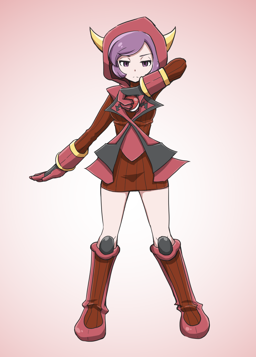 084_pro 1girl boots emotionless fake_horns fighting_stance full_body gloves highres holding holding_poke_ball hoodie horned_headwear kagari_(pokemon) kagari_(pokemon)_(remake) looking_at_viewer poke_ball pokemon pokemon_(game) pokemon_oras purple_hair ribbed_sweater short_hair simple_background solo sweater team_magma uniform violet_eyes