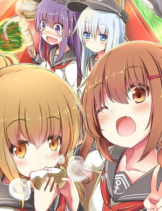 4girls akatsuki_(kantai_collection) anchor_symbol blue_eyes brown_eyes brown_hair closed_mouth eating eyebrows_visible_through_hair fang flat_cap folded_ponytail food hair_ornament hairclip hat hibiki_(kantai_collection) ikazuchi_(kantai_collection) inazuma_(kantai_collection) kantai_collection long_hair mentei_yakuna multiple_girls neckerchief nikuman one_eye_closed open_mouth purple_hair school_uniform serafuku short_hair silver_hair smile teardrop violet_eyes wavy_mouth