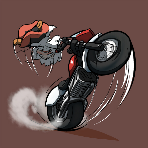 1girl blush boots brown_boots chibi crying crying_with_eyes_open d: exhaust falling inubashiri_momiji inunoko. motor_vehicle motorcycle open_mouth pantyhose pom_pom_(clothes) short_eyebrows short_hair smoke solo streaming_tears tears touhou vehicle wheelie white_hair you're_doing_it_wrong