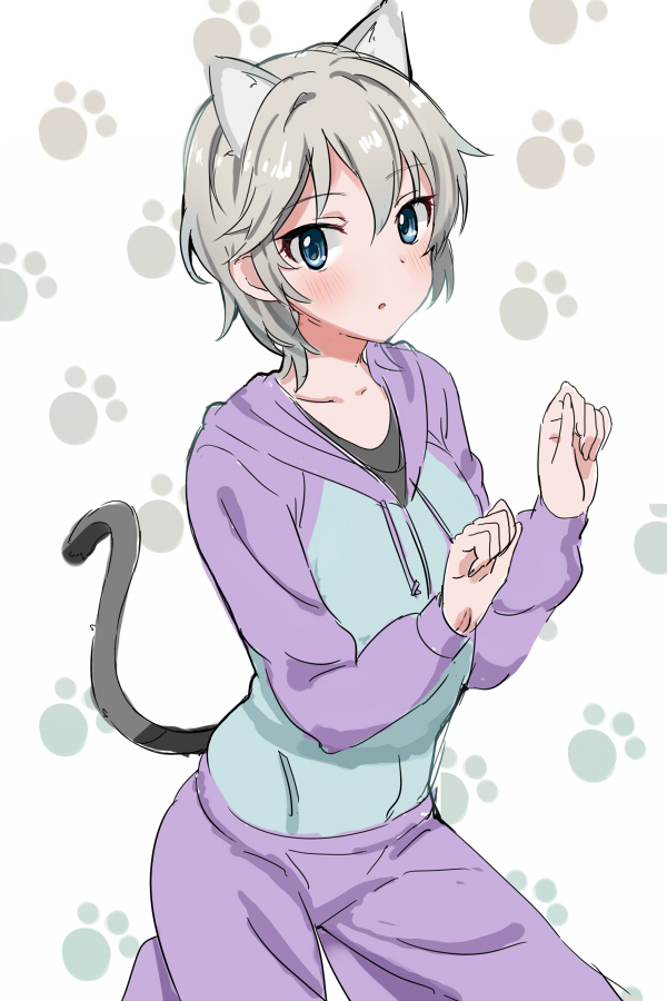 1girl :o anastasia_(idolmaster) animal_ears blue_eyes blush cat_ears cat_tail collarbone hoodie idolmaster idolmaster_cinderella_girls karurosugon kemonomimi_mode open_mouth pants paw_print short_hair silver_hair solo tail