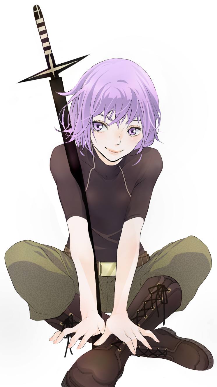 1girl boots chako_(yuuzome8) cosplay highres ichigou_(kekkaishi) ichigou_(kekkaishi)_(cosplay) kakeru_(kekkaishi) kekkaishi purple_hair short_hair sword violet_eyes weapon