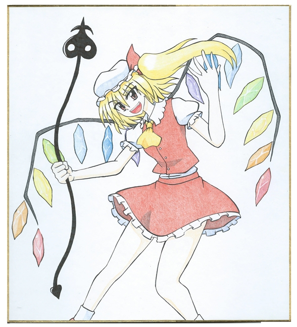 &gt;:d 1girl :d ascot blonde_hair bobby_socks brown_eyes collared_shirt fang flandre_scarlet laevatein looking_at_viewer meguru_(mm-da) miniskirt mob_cap open_mouth puffy_short_sleeves puffy_sleeves shikishi short_sleeves side_ponytail skirt smile socks solo touhou tsurime vest wings