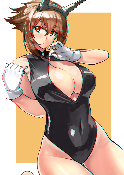1girl black_swimsuit breasts brown_hair cleavage cleavage_cutout competition_swimsuit front_zipper_swimsuit gloves green_eyes headgear kantai_collection large_breasts looking_at_viewer navel one-piece_swimsuit open_clothes short_hair simple_background skindentation smile solo swimsuit thighs unzipped wamwam zipper