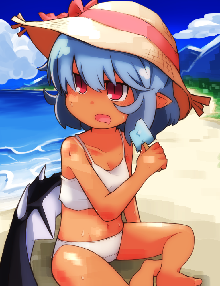 1girl bat_wings beach blue_hair blush butterfly_sitting drooling food hat hat_ribbon ice_cream koutetu_bouya open_mouth outdoors pointy_ears popsicle red_eyes remilia_scarlet ribbon short_hair sitting sky solo straw_hat sweat swimsuit tan tankini touhou water white_swimsuit wings