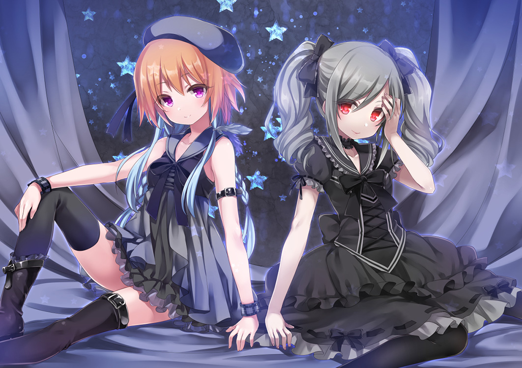 2girls blue_hair drill_hair fummy idolmaster idolmaster_cinderella_girls kanzaki_ranko long_hair multicolored_hair multiple_girls ninomiya_asuka orange_hair red_eyes silver_hair star thigh-highs twin_drills twintails violet_eyes