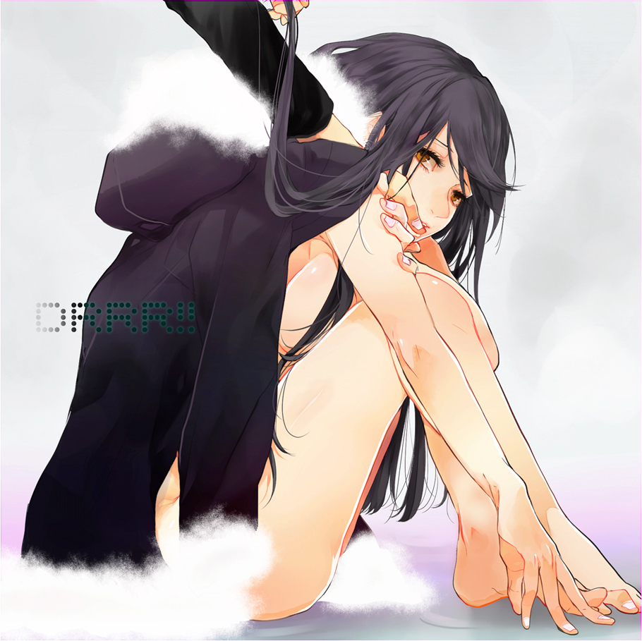 1boy 1girl black_hair brown_eyes durarara!! fur_trim long_hair naked_coat noppo orihara_izaya solo_focus yagiri_namie