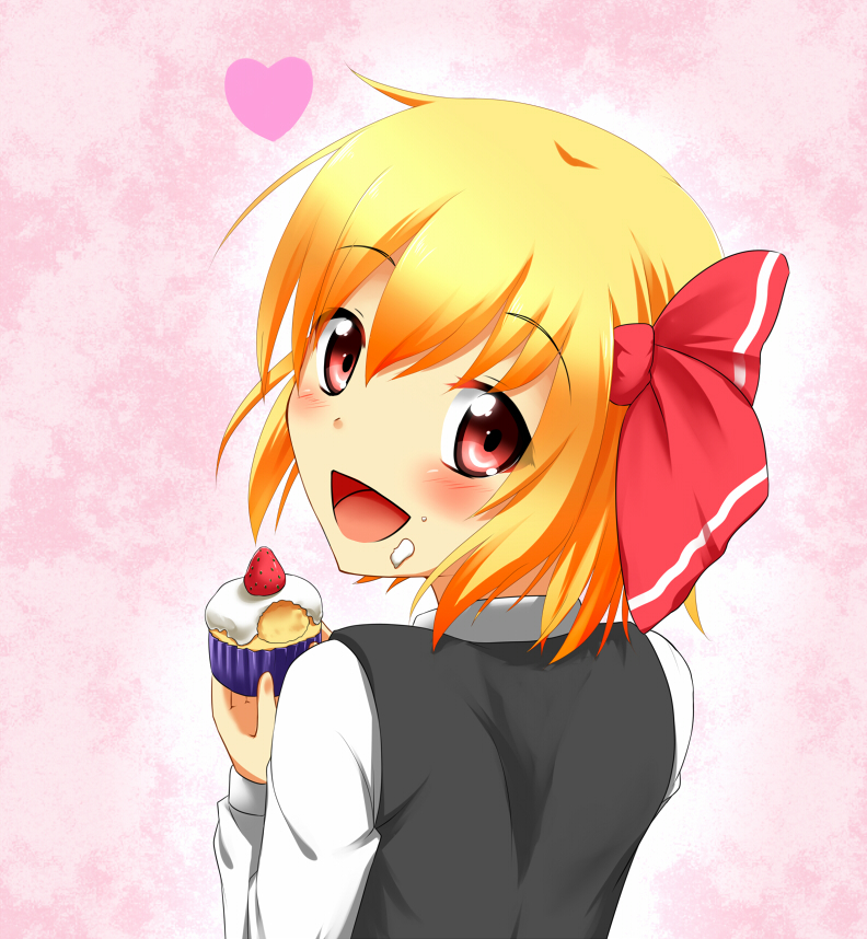 1girl blonde_hair blush cupcake food fruit gradient gradient_background hair_ribbon heart icing long_sleeves looking_at_viewer looking_back open_mouth pink_background red_eyes ribbon rody_(hayama_yuu) rumia short_hair solo strawberry touhou vest