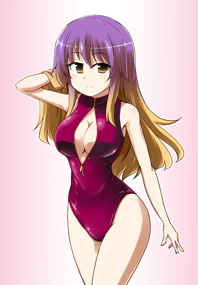 1girl adjusting_hair breasts brown_eyes brown_hair cleavage_cutout competition_swimsuit front_zipper_swimsuit gradient_hair hijiri_byakuren kousei_(public_planet) large_breasts multicolored_hair one-piece_swimsuit purple_hair purple_swimsuit smile solo swimsuit touhou