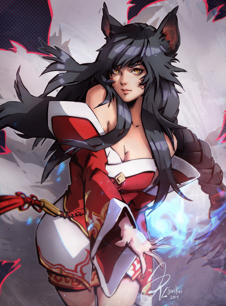 ahri amber_eyes animal_ears black_hair braid breasts cleavage fox_ears fox_tail korean_clothes league_of_legends long_hair multiple_tails tail