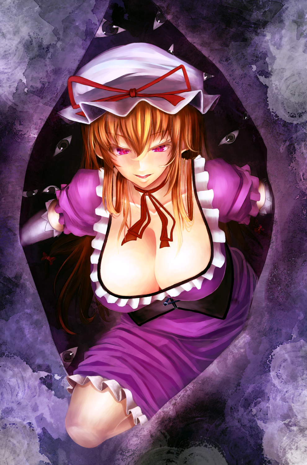 1girl bangs bow breasts brown_hair choker cleavage collarbone colored_eyelashes commentary_request corset dress elbow_gloves evil_smile eyes frilled_dress frills gap gloves hair_bow hat hat_ribbon highres huge_breasts knee_up knees kupaa long_hair marubororaito mob_cap paint_splatter parted_lips purple_dress red_pupils ribbon ribbon_choker short_sleeves smile solo tongue touhou violet_eyes white_gloves yakumo_yukari