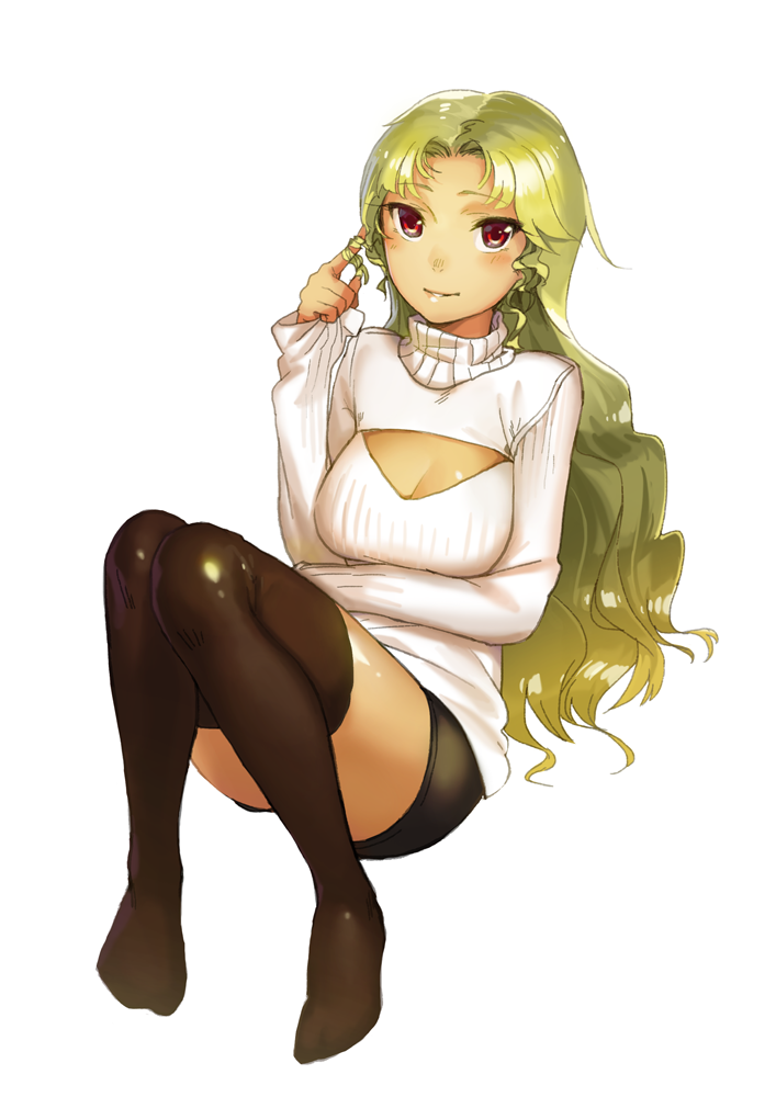 1girl blonde_hair cleavage_cutout hair_twirling looking_at_viewer open-chest_sweater rai32019 red_eyes ribbed_sweater short_shorts shorts smile solo sweater thigh-highs turtleneck wavy_hair white_background