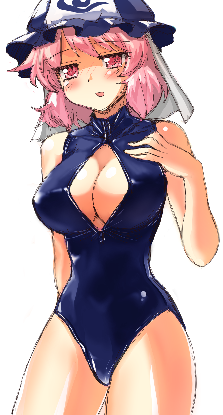 1girl blush breasts cleavage_cutout competition_swimsuit front_zipper_swimsuit hand_on_own_chest hat highres large_breasts mono_(moiky) one-piece_swimsuit open_mouth pink_eyes pink_hair saigyouji_yuyuko short_hair solo swimsuit touhou