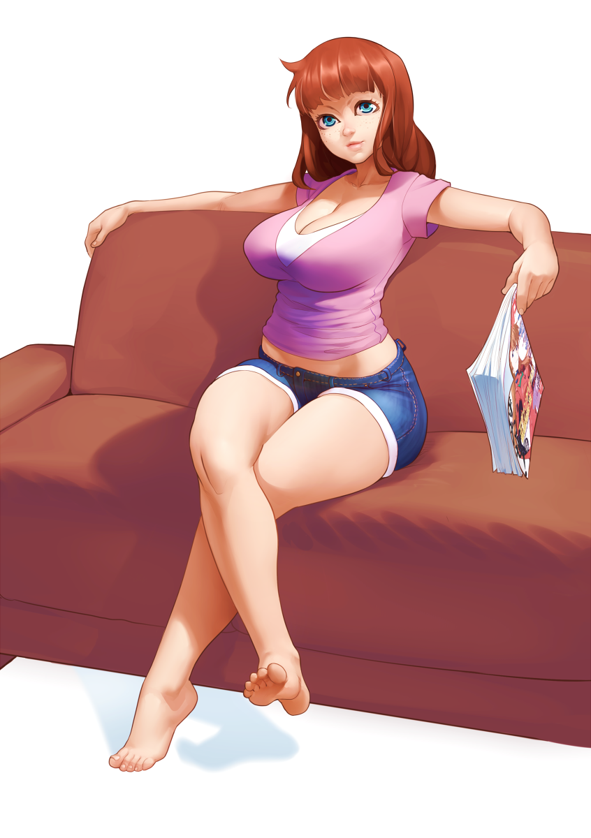 1girl barefoot blue_eyes breasts brown_hair cleavage couch crossed_legs denim denim_shorts feet highres kyle_(kairunoburogu) large_breasts lips long_hair magazine midriff nose original shorts sitting soles solo toes