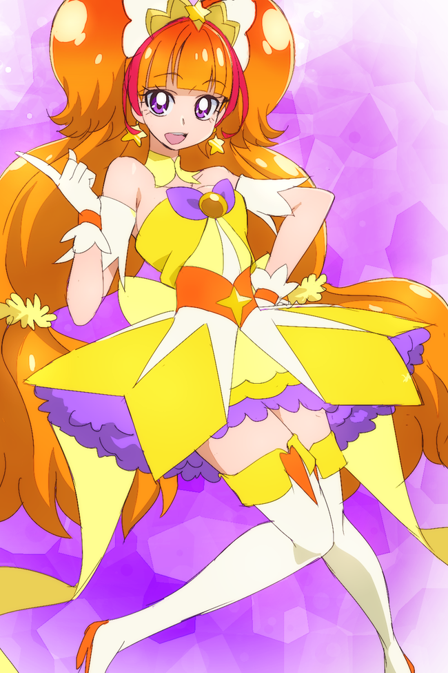 1girl :d amanogawa_kirara boots brown_hair cure_twinkle gloves go!_princess_precure hand_on_hip long_hair magical_girl manji_(tenketsu) multicolored_hair open_mouth precure redhead smile solo thigh-highs thigh_boots twintails two-tone_hair very_long_hair violet_eyes white_gloves white_legwear