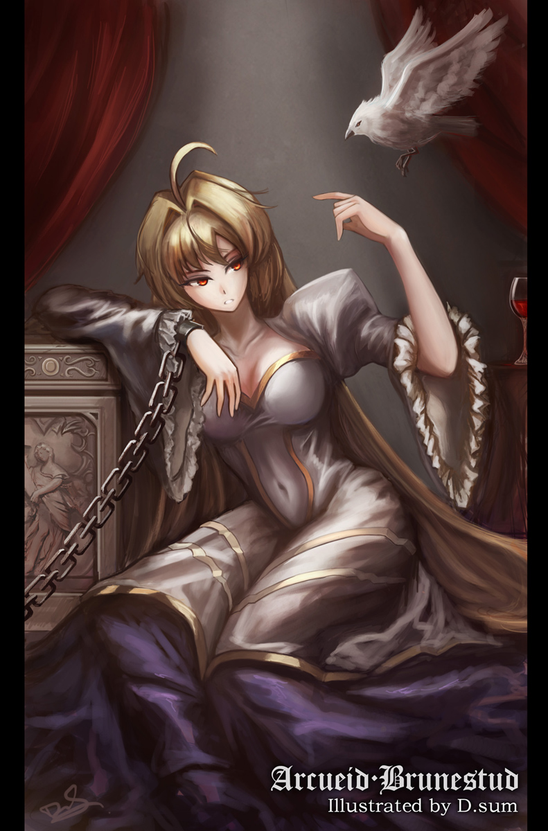 1girl ahoge archetype_earth arcueid_brunestud artist_name bird blonde_hair breasts chain chained character_name cleavage cup d.sum dress hair_intakes highres large_breasts long_dress long_hair puffy_sleeves red_eyes solo tsukihime very_long_hair wide_sleeves windowboxed wine_glass