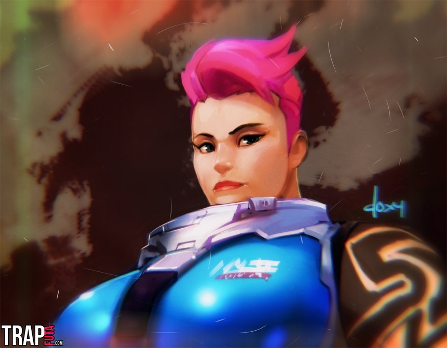 1girl aleksandra_zaryanova breasts doxy large_breasts lips nose overwatch pink_hair power_armor short_hair sleeveless solo tattoo upper_body watermark web_address