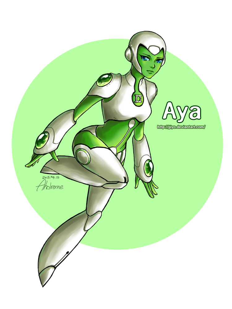 1girl ahdrenne android aya_(green_lantern) blue_eyes blue_sclera dc_comics full_body green_lantern_corps green_skin helmet justice_league robot_girl robot_joints solo