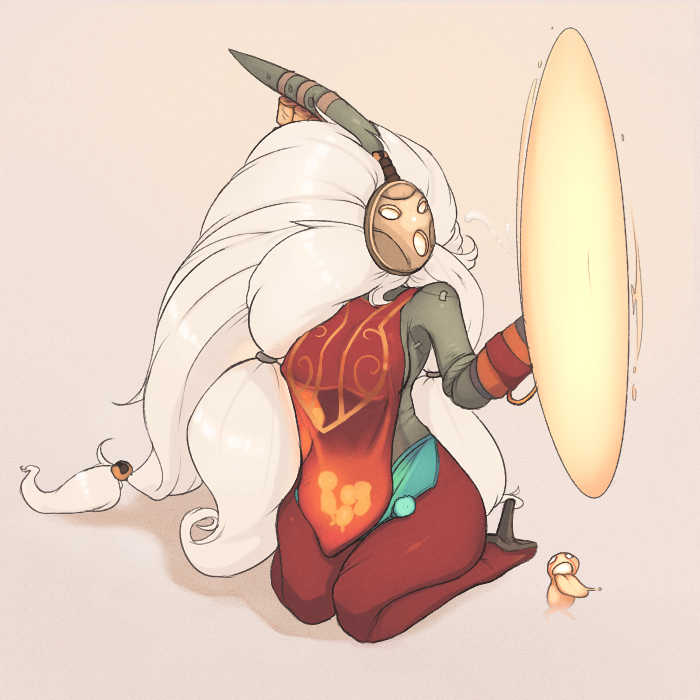 1girl 34no404 bard_(league_of_legends) big_hair breasts female genderswap high_heels large_breasts league_of_legends long_hair mask portal_(object) seiza sideboob sitting solo source_request tabard very_long_hair white_hair