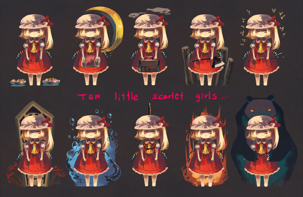 1girl ascot axe bear bee blonde_hair briefcase crescent_moon english fire flandre_scarlet flower food hat inari_(flandoll-scarlet-devil) moon multiple_persona noose pillow red_eyes ribbon rod_of_remorse short_hair side_ponytail solo spider_lily touhou water weapon wings