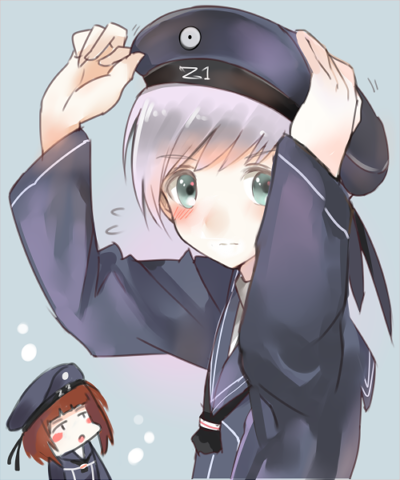 2girls blue_eyes blush fujibejifu hat kantai_collection lowres multiple_girls sailor_collar sailor_hat short_hair silver_hair z1_leberecht_maass_(kantai_collection) z3_max_schultz_(kantai_collection)