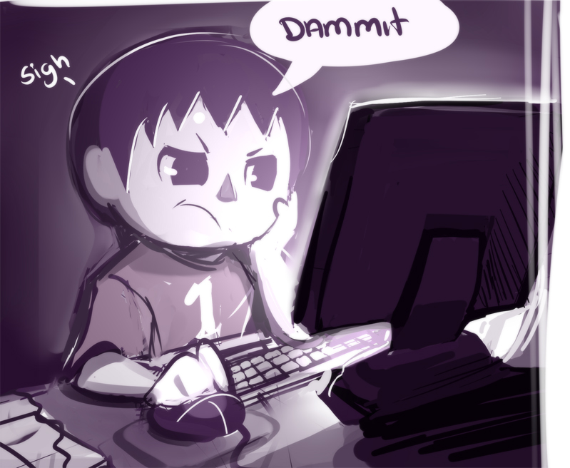 1boy chin_rest computer_keyboard computer_mouse doubutsu_no_mori monochrome sad sho-n-d villager_(doubutsu_no_mori)